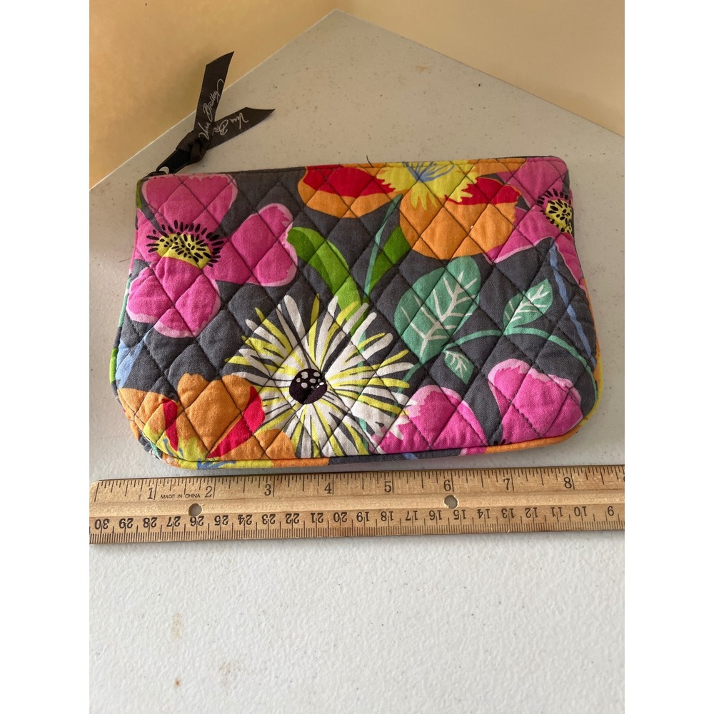 Vera Bradley Quilted Floral Cosmetic Bag Pouch Gray Pink Orange Zippered